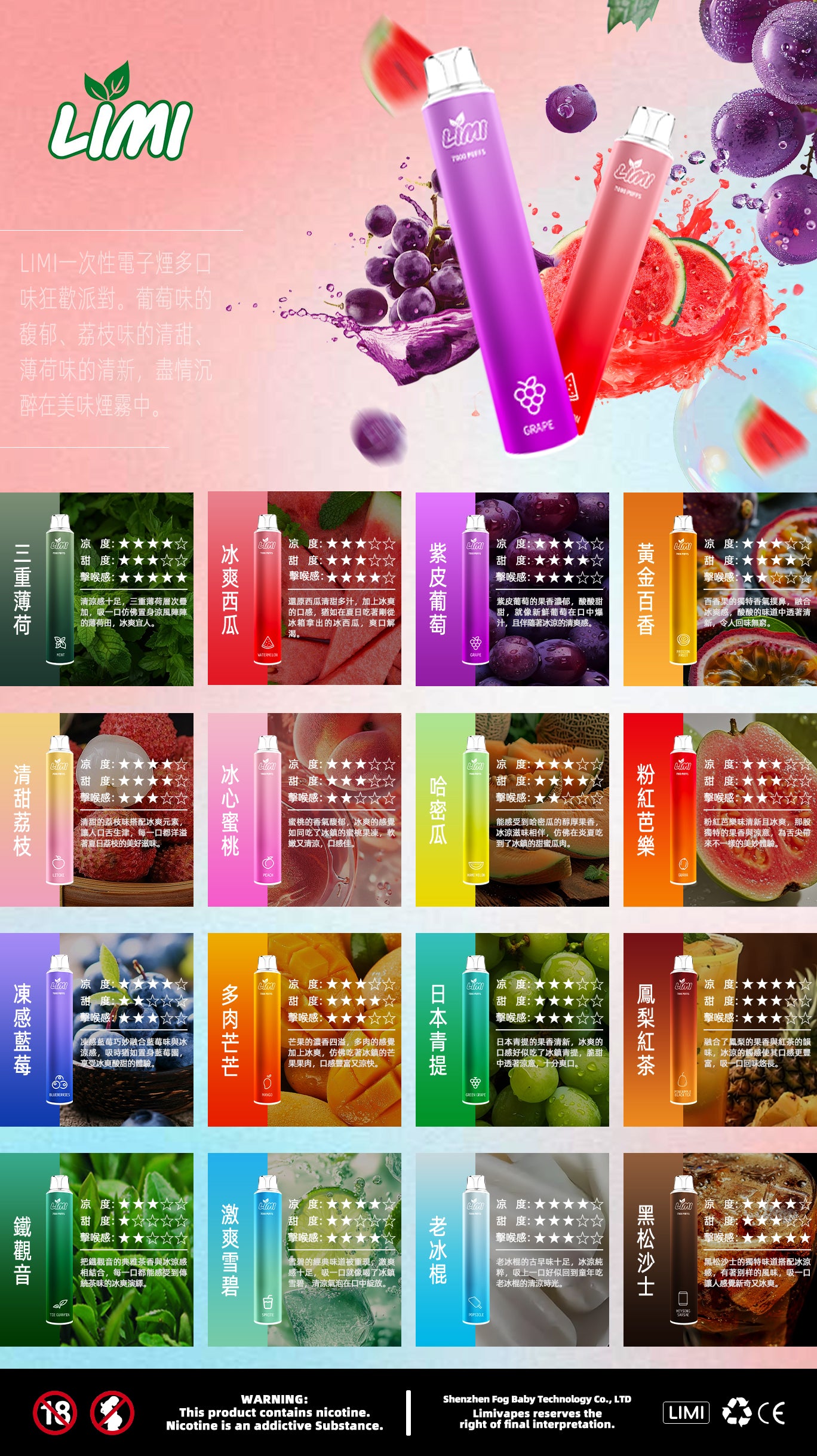 新品Limi7000口拋棄式 ILIA哩亞同廠生產 煙油容量更高 口味更優化 LIMI一次性7000Puffs便攜式圓管電子煙-VAKA糖果雲煙館