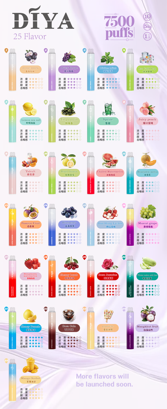 【DIYA叮啞7500口拋棄式】新款叮啞可充電霧化桿-叮啞7500口puffs油倉加長版電子煙-30/50mg-VAKA糖果雲煙館