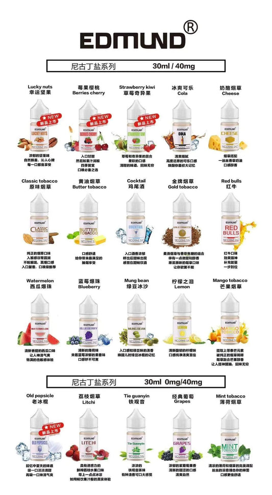 EDMOUND 歐姆煙油/丁鹽系列小煙油 30ML-40MG 電子煙油-VAKA糖果雲煙館